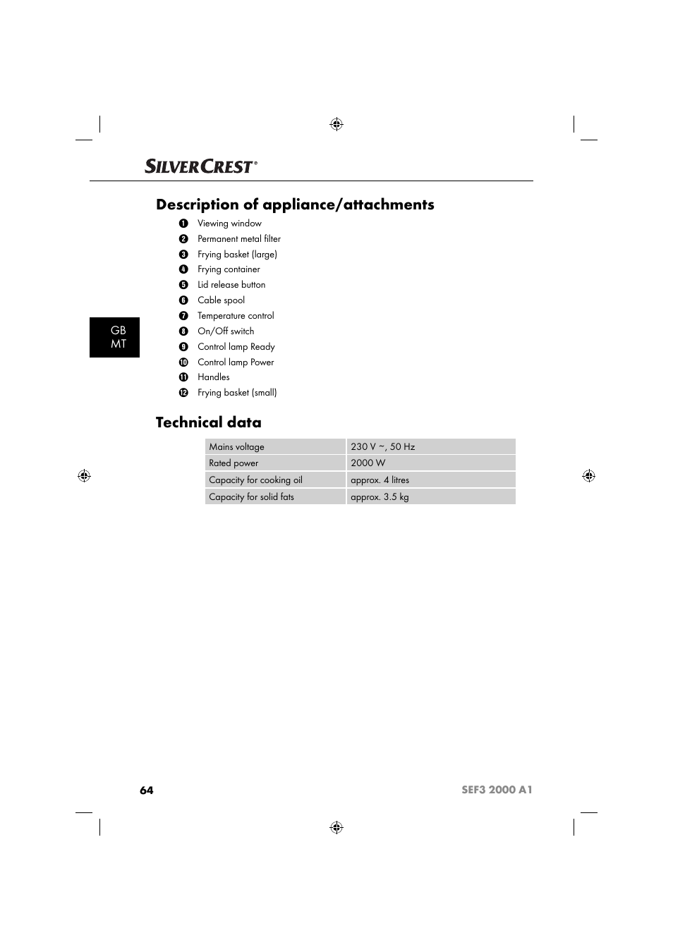 Description of appliance/attachments, Technical data, Gb mt | Silvercrest SEF3 2000 A1 User Manual | Page 67 / 104