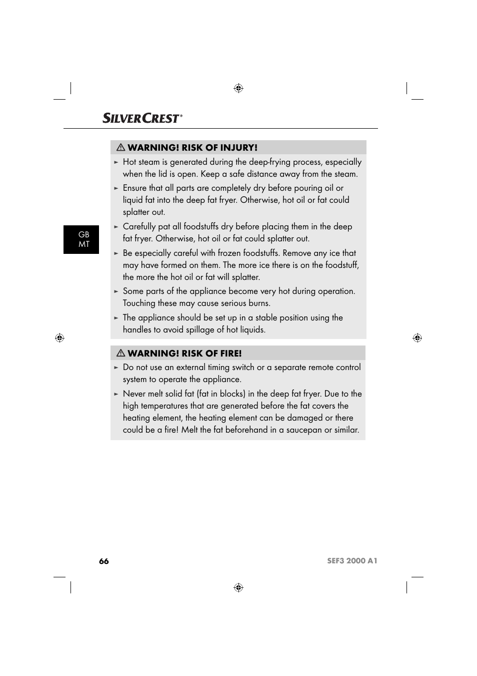 Warning! risk of injury, Gb mt | Silvercrest SEF3 2000 A1 User Manual | Page 69 / 104