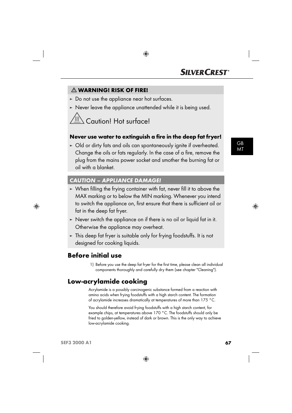 Caution! hot surface, Before initial use, Low-acrylamide cooking | Warning! risk of fire, Do not use the appliance near hot surfaces | Silvercrest SEF3 2000 A1 User Manual | Page 70 / 104