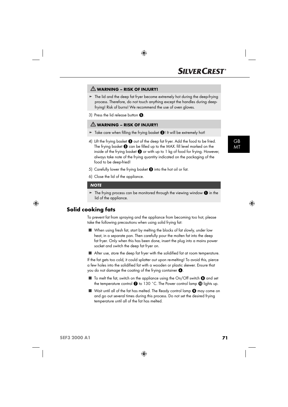 Solid cooking fats, Gb mt | Silvercrest SEF3 2000 A1 User Manual | Page 74 / 104