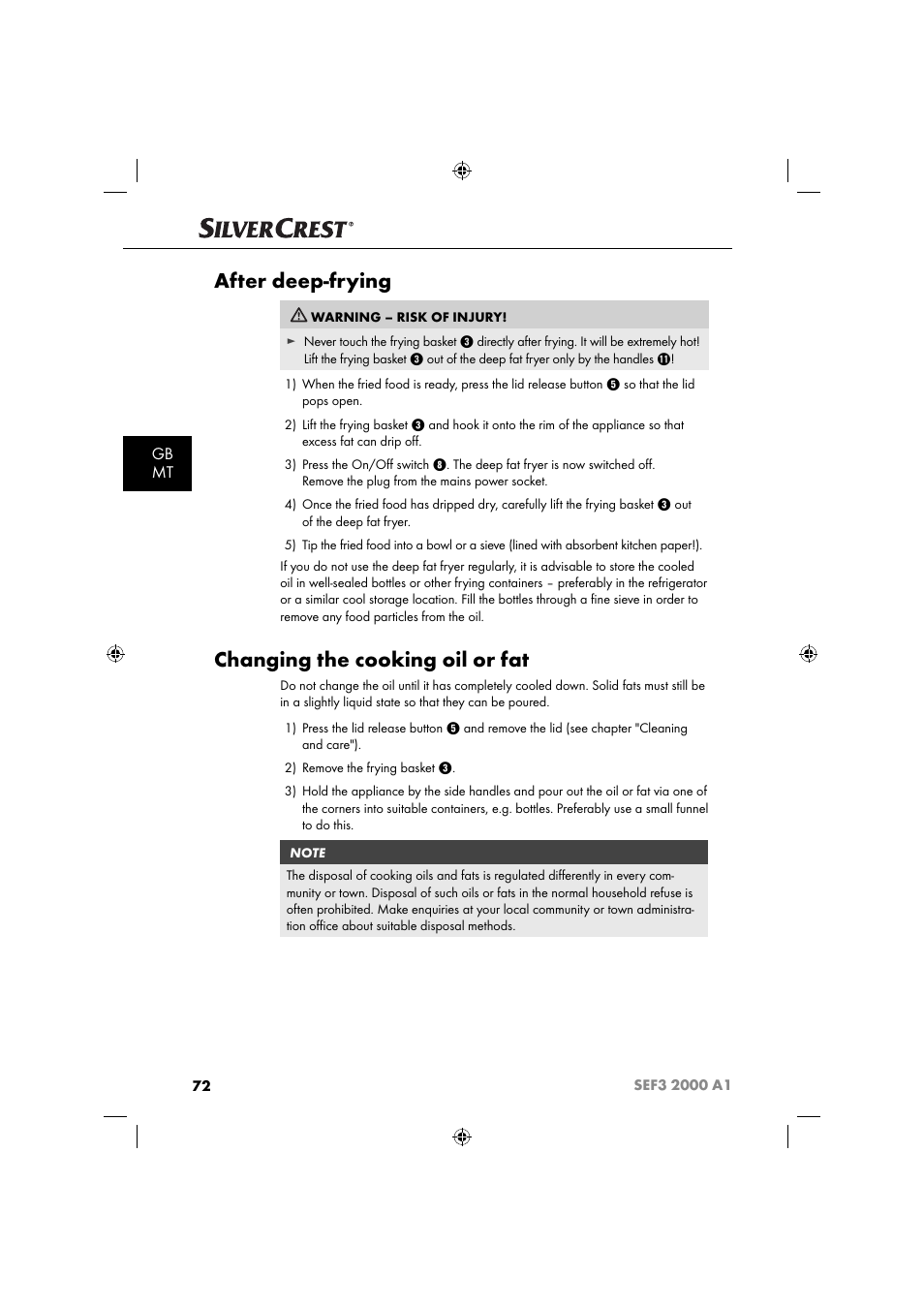 After deep-frying, Changing the cooking oil or fat, Gb mt | Silvercrest SEF3 2000 A1 User Manual | Page 75 / 104