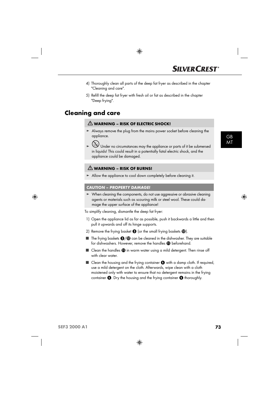 Cleaning and care, Gb mt | Silvercrest SEF3 2000 A1 User Manual | Page 76 / 104