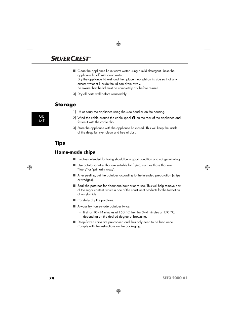 Storage, Tips, Home-made chips | Gb mt | Silvercrest SEF3 2000 A1 User Manual | Page 77 / 104