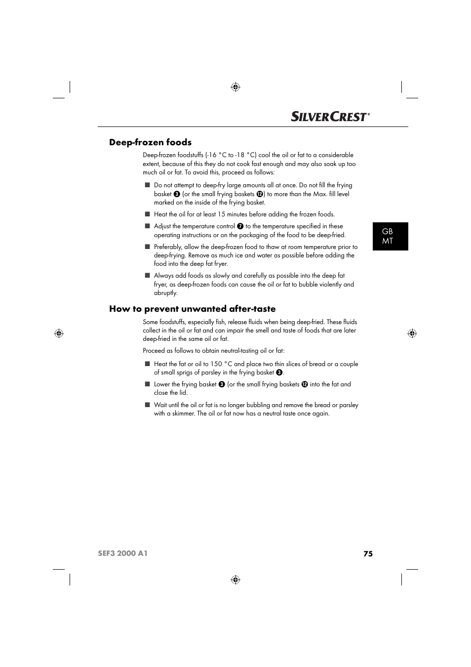 Deep-frozen foods, How to prevent unwanted after-taste, Gb mt | Silvercrest SEF3 2000 A1 User Manual | Page 78 / 104