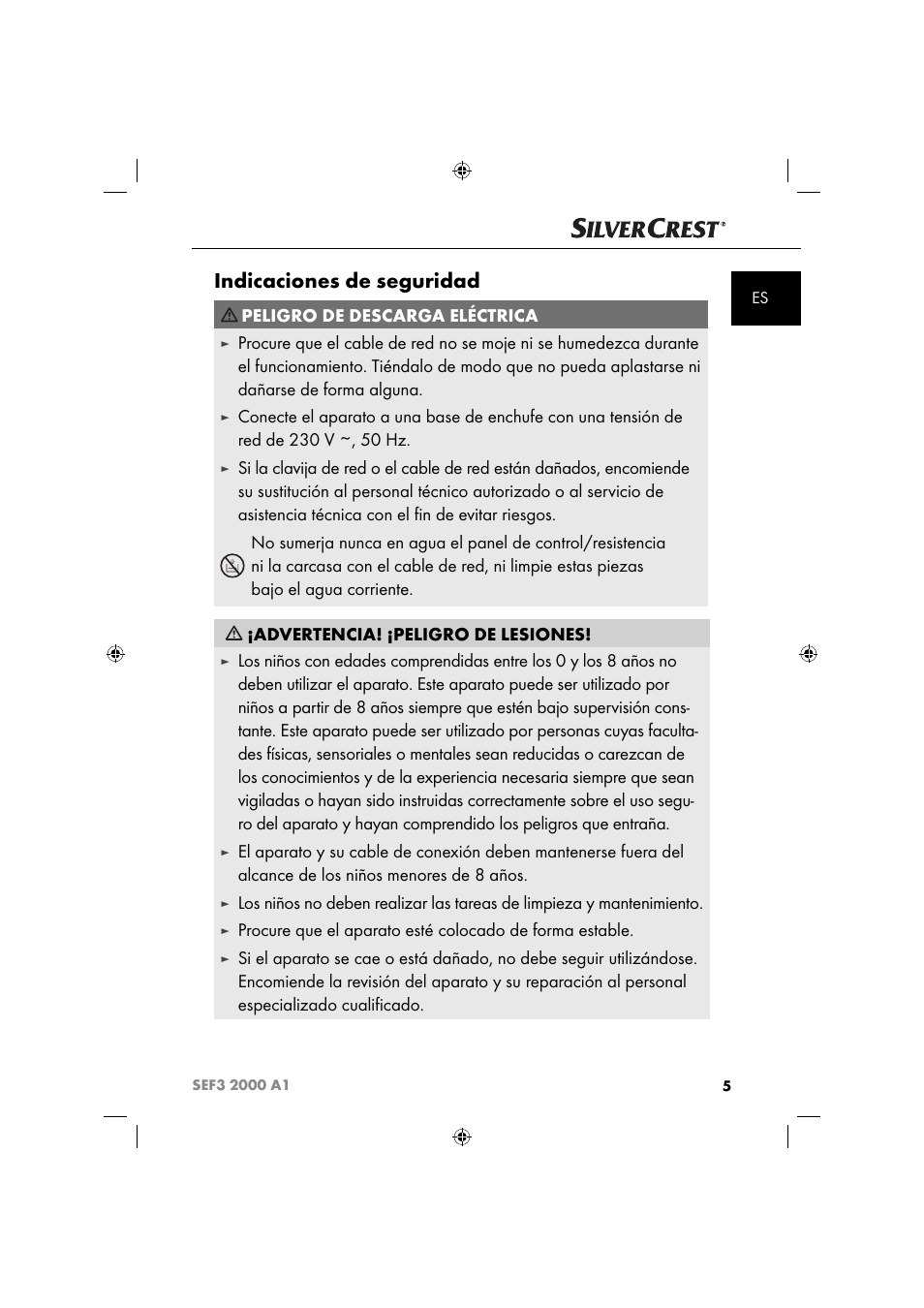 Indicaciones de seguridad, Peligro de descarga eléctrica | Silvercrest SEF3 2000 A1 User Manual | Page 8 / 104