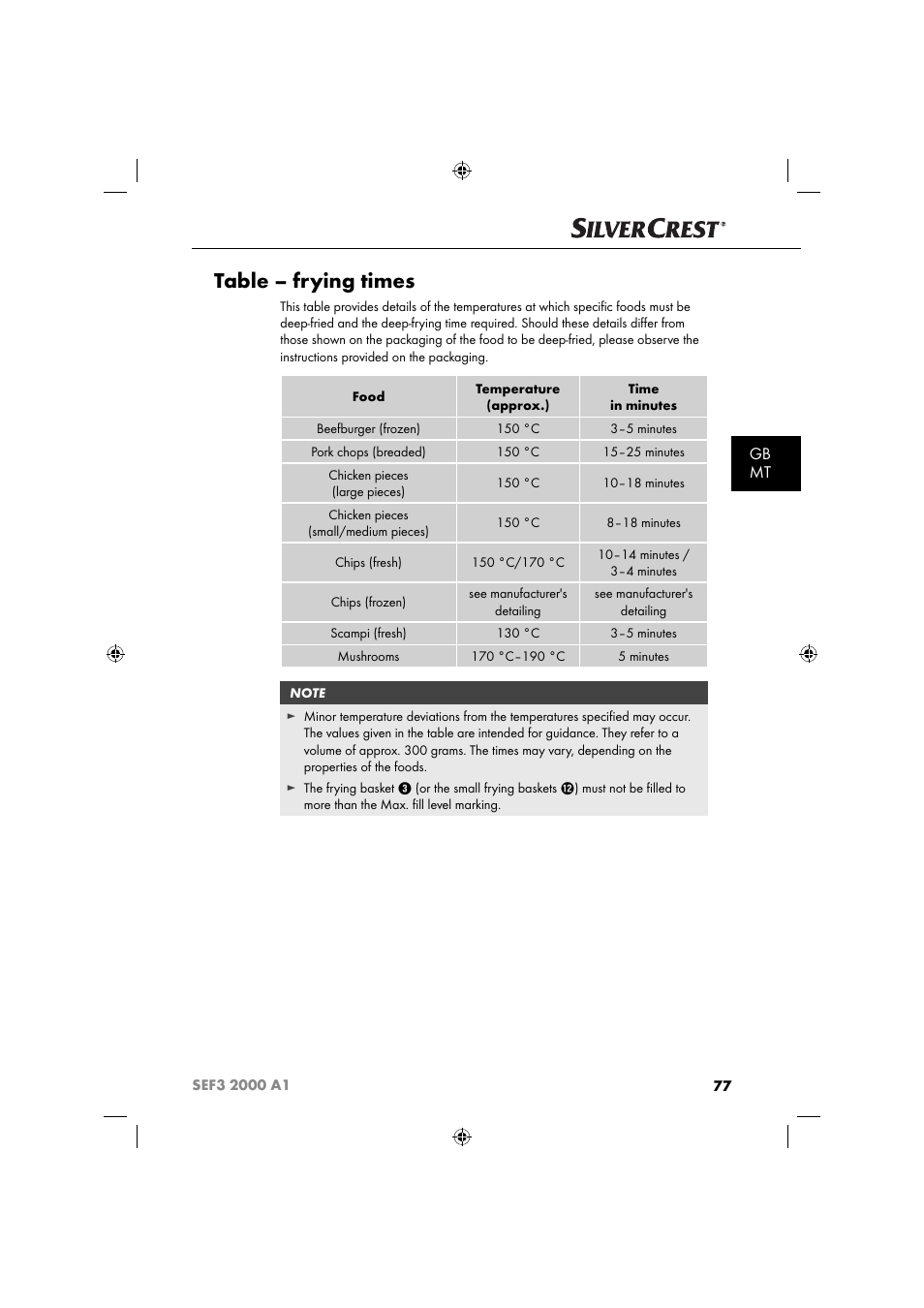 Table – frying times, Gb mt | Silvercrest SEF3 2000 A1 User Manual | Page 80 / 104