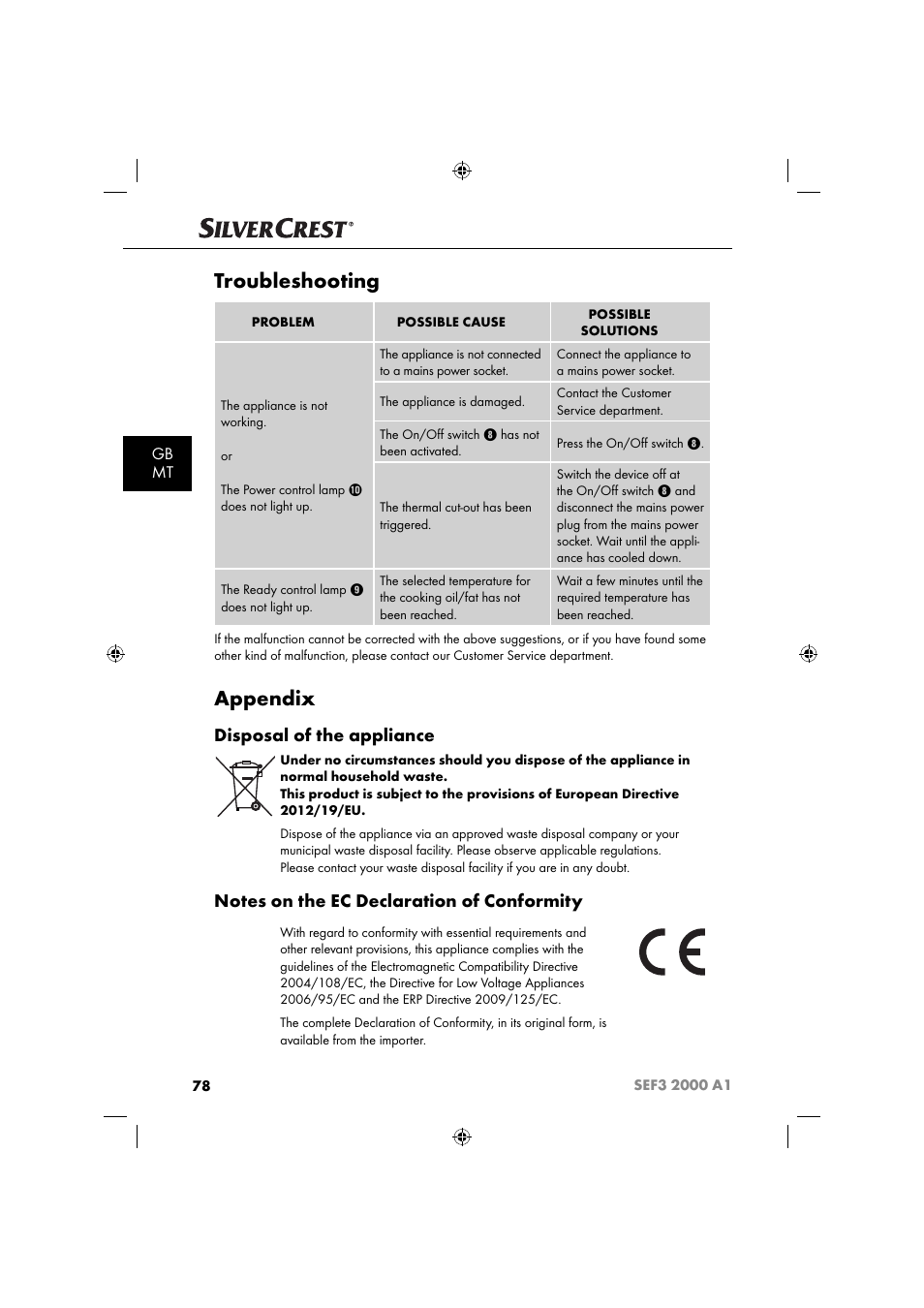 Troubleshooting, Appendix, Disposal of the appliance | Gb mt | Silvercrest SEF3 2000 A1 User Manual | Page 81 / 104