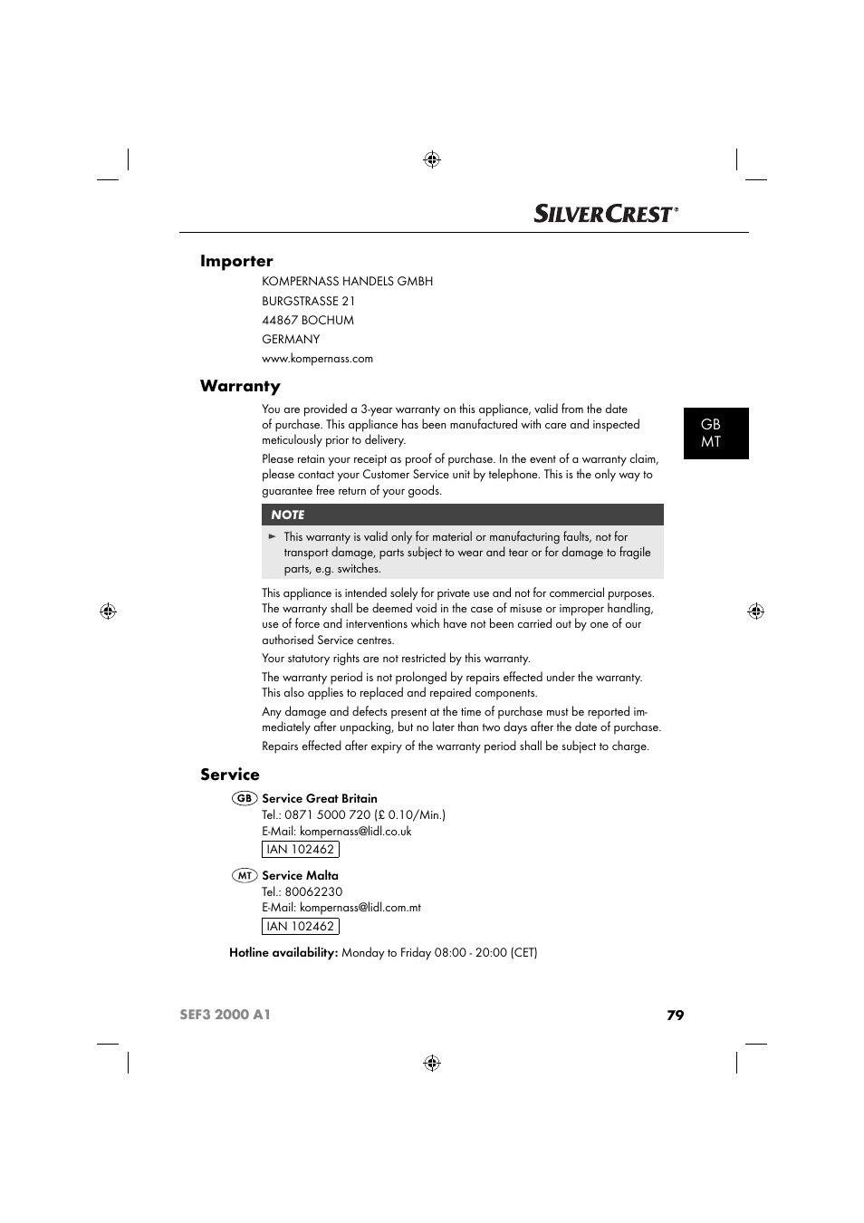 Importer, Warranty, Service | Gb mt | Silvercrest SEF3 2000 A1 User Manual | Page 82 / 104