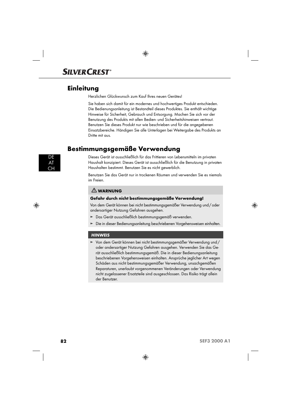 Einleitung, Bestimmungsgemäße verwendung, De at ch | Silvercrest SEF3 2000 A1 User Manual | Page 85 / 104