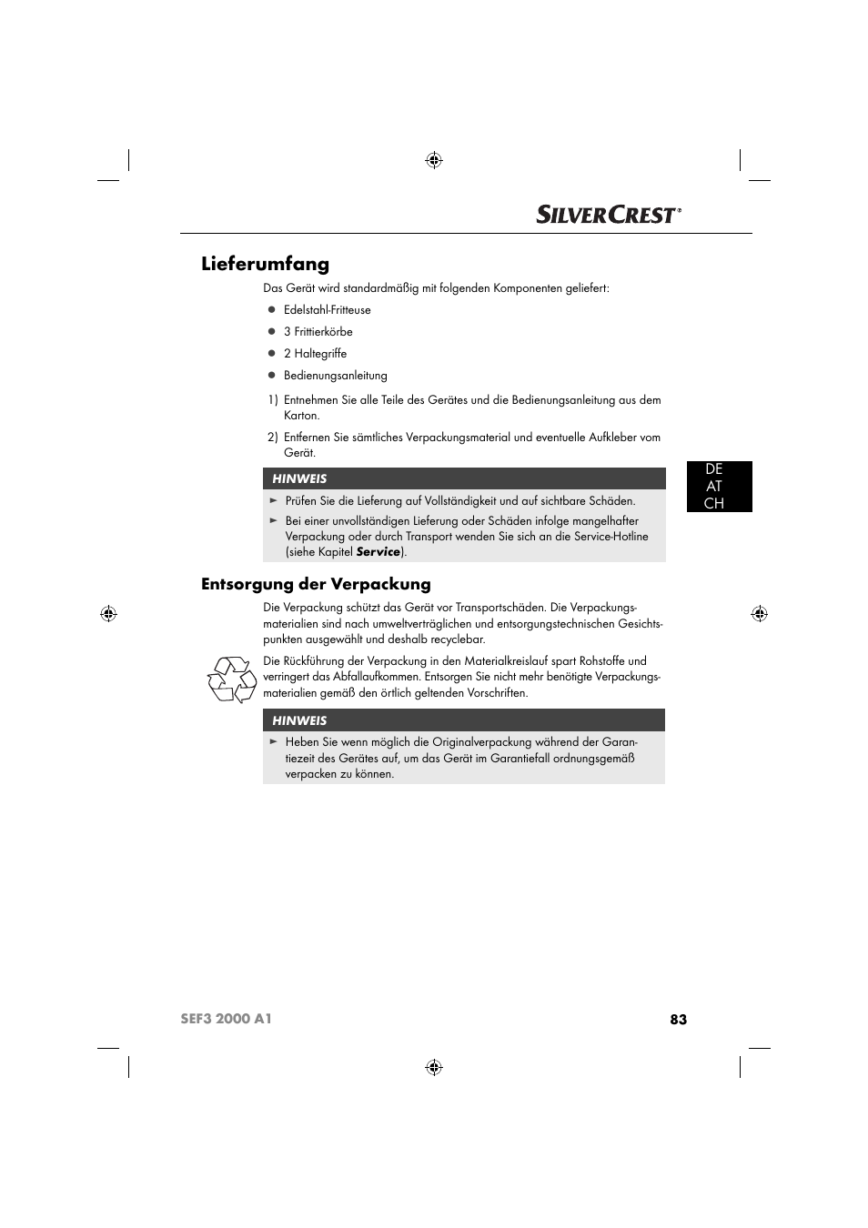 Lieferumfang, Entsorgung der verpackung, De at ch | Silvercrest SEF3 2000 A1 User Manual | Page 86 / 104