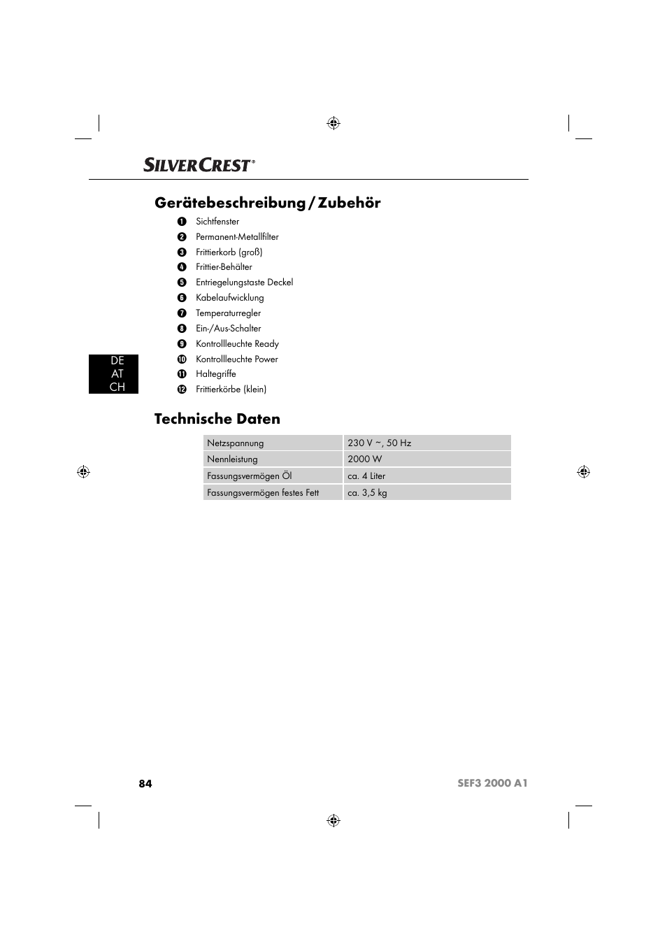 Gerätebeschreibung / zubehör, Technische daten, De at ch | Silvercrest SEF3 2000 A1 User Manual | Page 87 / 104