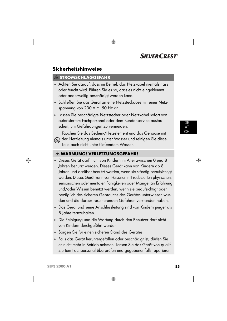 Sicherheitshinweise, Stromschlaggefahr, Sorgen sie für einen sicheren stand des gerätes | Silvercrest SEF3 2000 A1 User Manual | Page 88 / 104