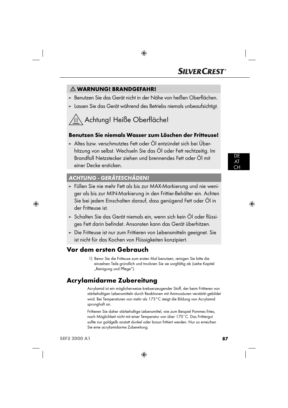 Achtung! heiße oberﬂ äche, Vor dem ersten gebrauch, Acrylamidarme zubereitung | Warnung! brandgefahr | Silvercrest SEF3 2000 A1 User Manual | Page 90 / 104