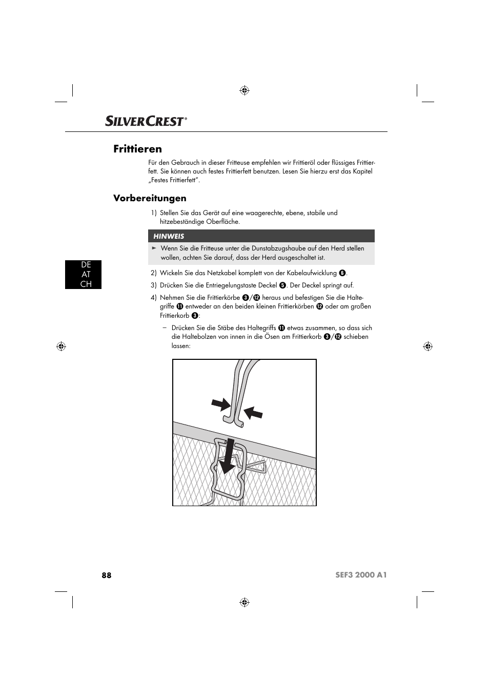 Frittieren, Vorbereitungen, De at ch | Silvercrest SEF3 2000 A1 User Manual | Page 91 / 104