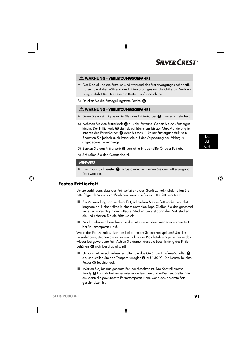 Festes frittierfett, De at ch | Silvercrest SEF3 2000 A1 User Manual | Page 94 / 104