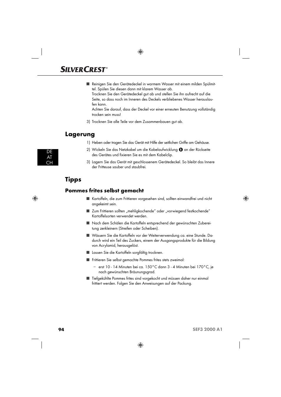 Lagerung, Tipps, Pommes frites selbst gemacht | De at ch | Silvercrest SEF3 2000 A1 User Manual | Page 97 / 104