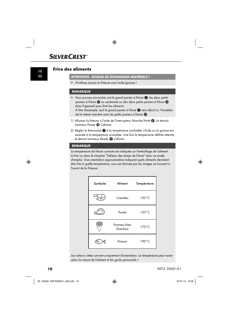 Frire des aliments, Fr be | Silvercrest SEF3 2000 A1 User Manual | Page 13 / 63