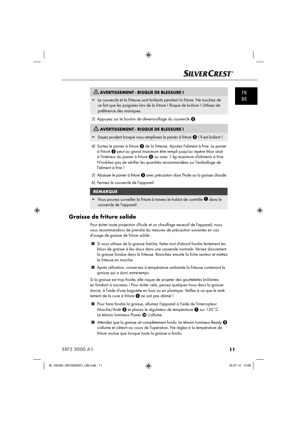 Graisse de friture solide, Fr be | Silvercrest SEF3 2000 A1 User Manual | Page 14 / 63