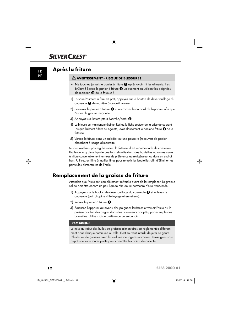 Après la friture, Remplacement de la graisse de friture, Fr be | Silvercrest SEF3 2000 A1 User Manual | Page 15 / 63