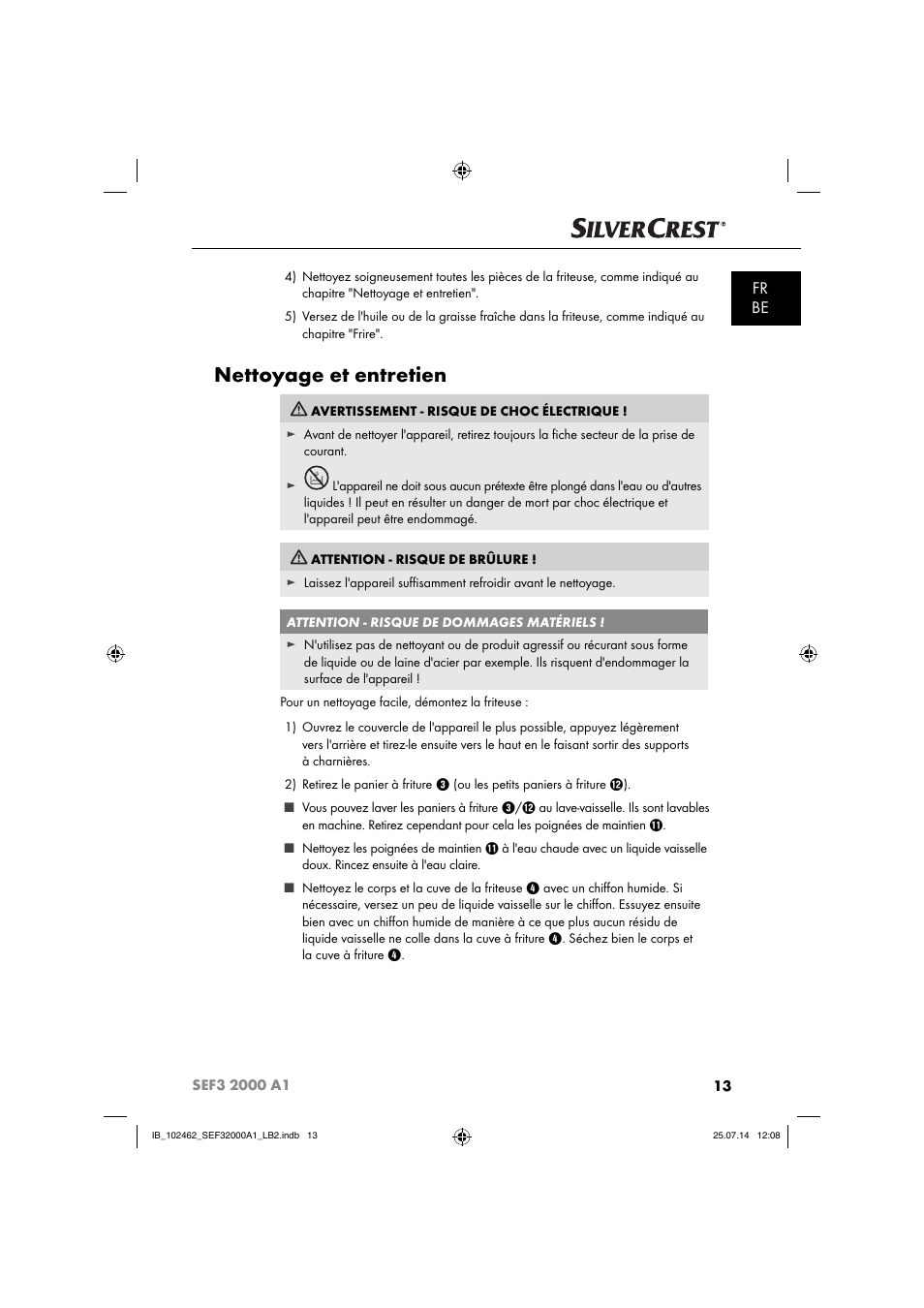 Nettoyage et entretien, Fr be | Silvercrest SEF3 2000 A1 User Manual | Page 16 / 63
