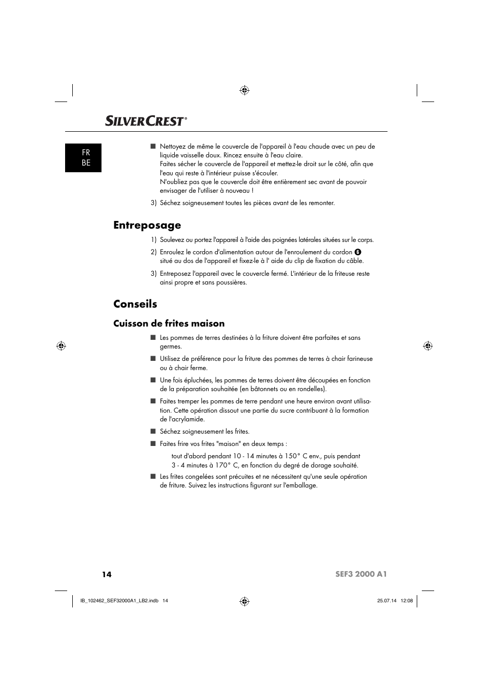 Entreposage, Conseils, Cuisson de frites maison | Fr be | Silvercrest SEF3 2000 A1 User Manual | Page 17 / 63