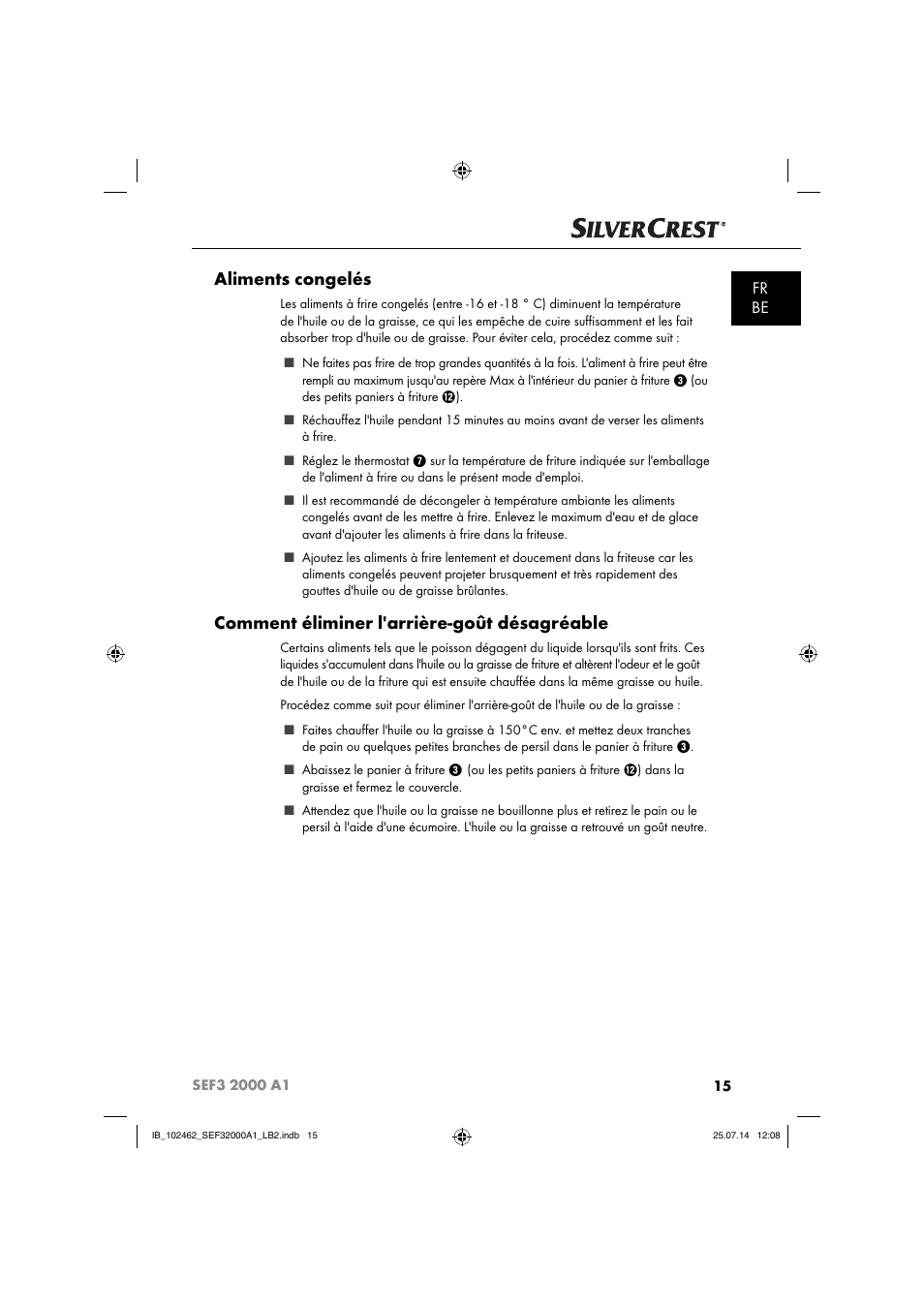Aliments congelés, Comment éliminer l'arrière-goût désagréable, Fr be | Silvercrest SEF3 2000 A1 User Manual | Page 18 / 63