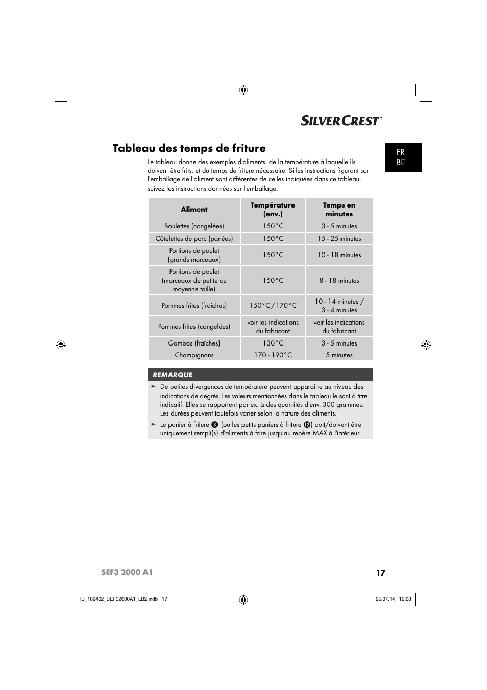 Tableau des temps de friture, Fr be | Silvercrest SEF3 2000 A1 User Manual | Page 20 / 63