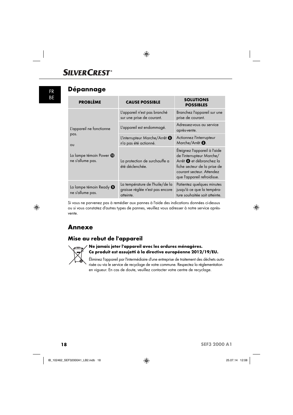 Dépannage, Annexe, Mise au rebut de l'appareil | Fr be | Silvercrest SEF3 2000 A1 User Manual | Page 21 / 63