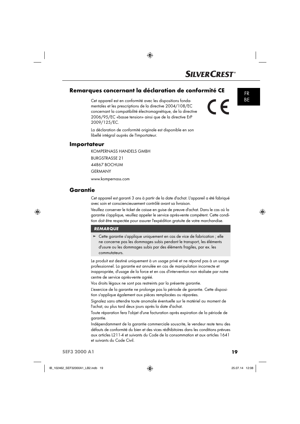 Importateur, Garantie, Fr be | Silvercrest SEF3 2000 A1 User Manual | Page 22 / 63