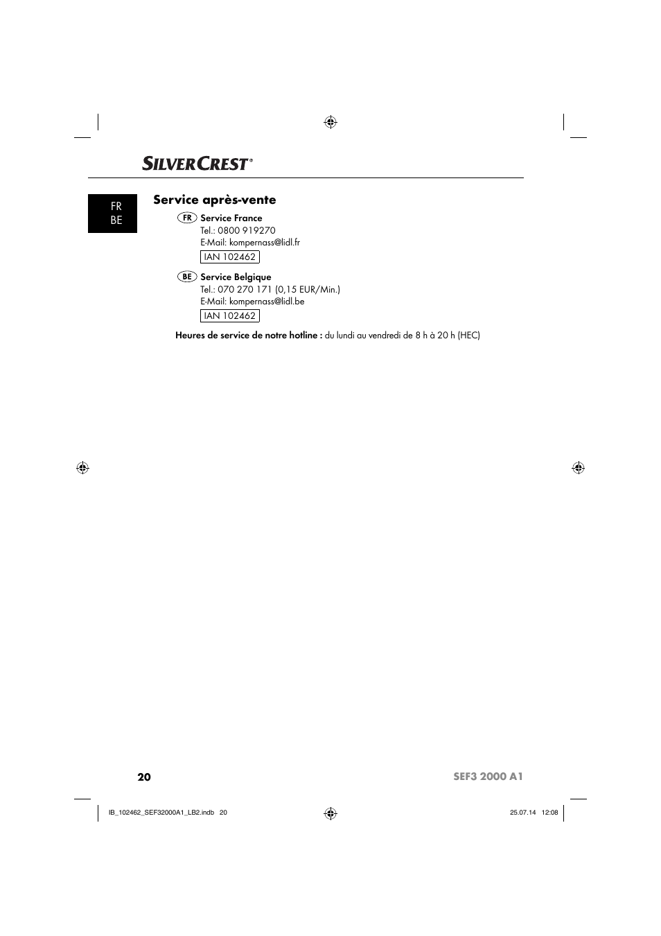 Service après-vente, Fr be | Silvercrest SEF3 2000 A1 User Manual | Page 23 / 63