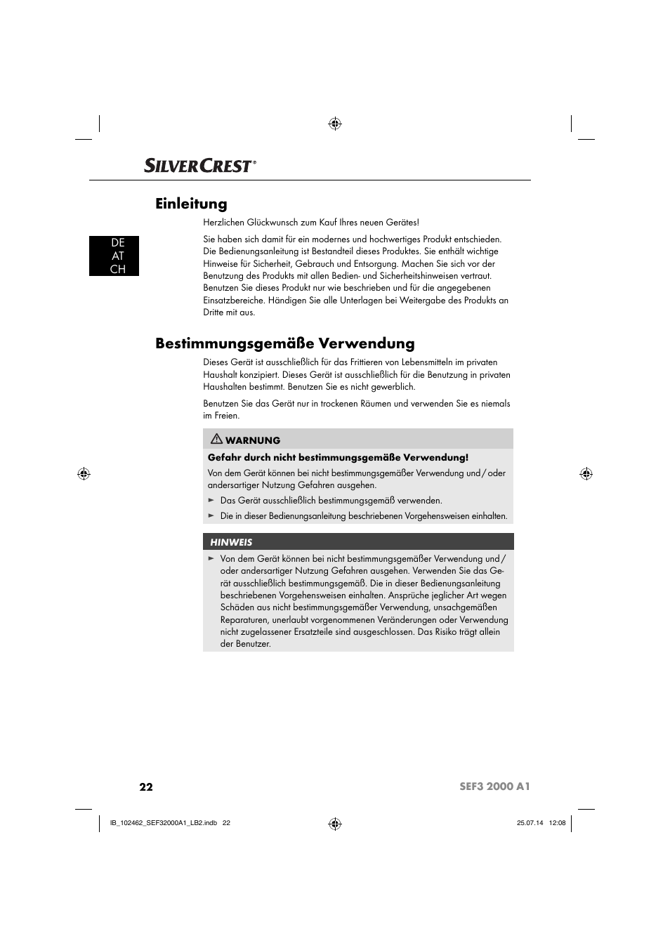 Einleitung, Bestimmungsgemäße verwendung, De at ch | Silvercrest SEF3 2000 A1 User Manual | Page 25 / 63