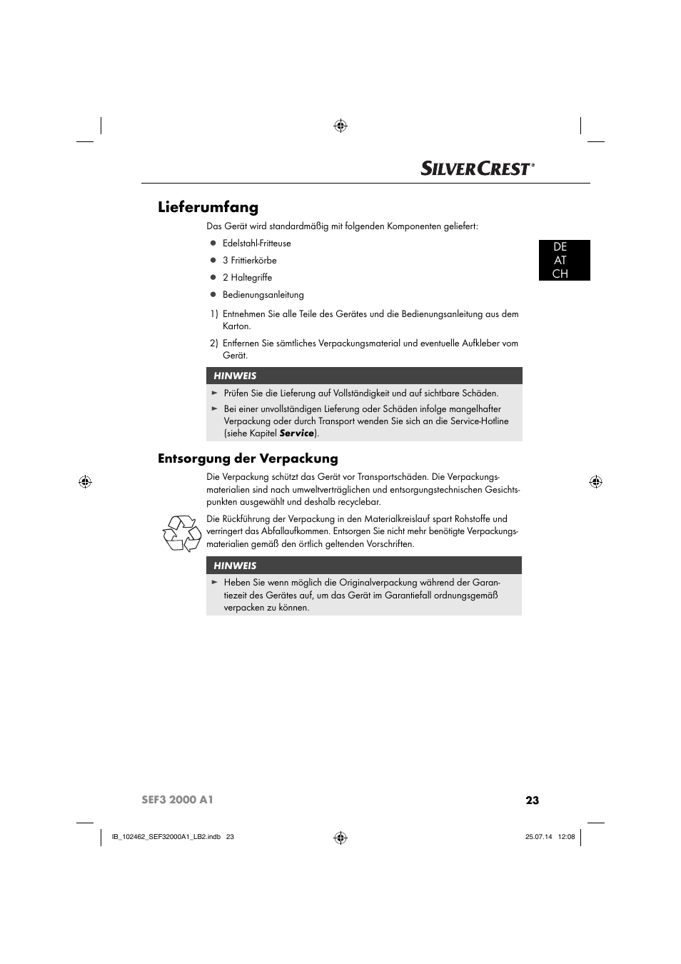 Lieferumfang, Entsorgung der verpackung, De at ch | Silvercrest SEF3 2000 A1 User Manual | Page 26 / 63
