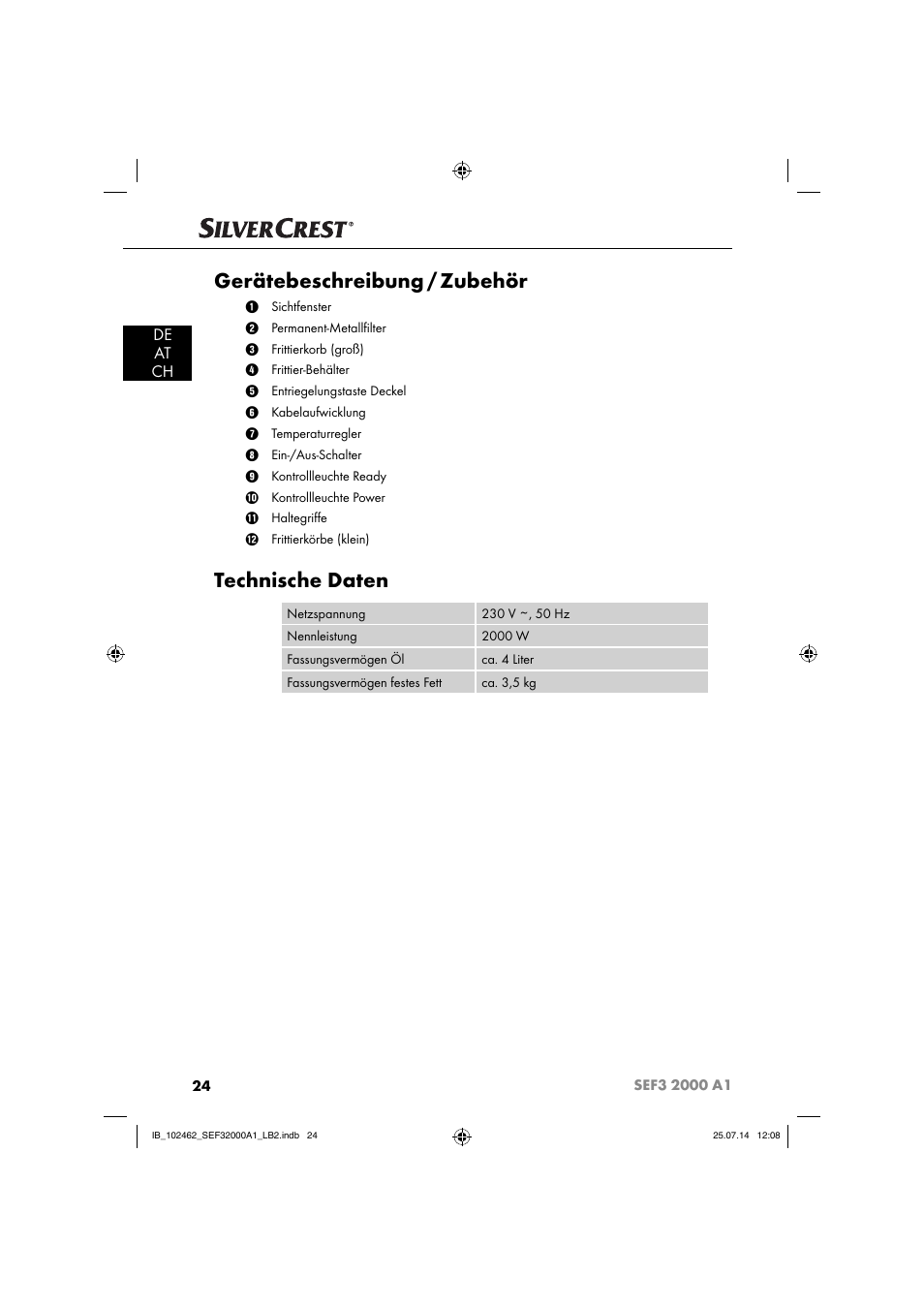 Gerätebeschreibung / zubehör, Technische daten, De at ch | Silvercrest SEF3 2000 A1 User Manual | Page 27 / 63