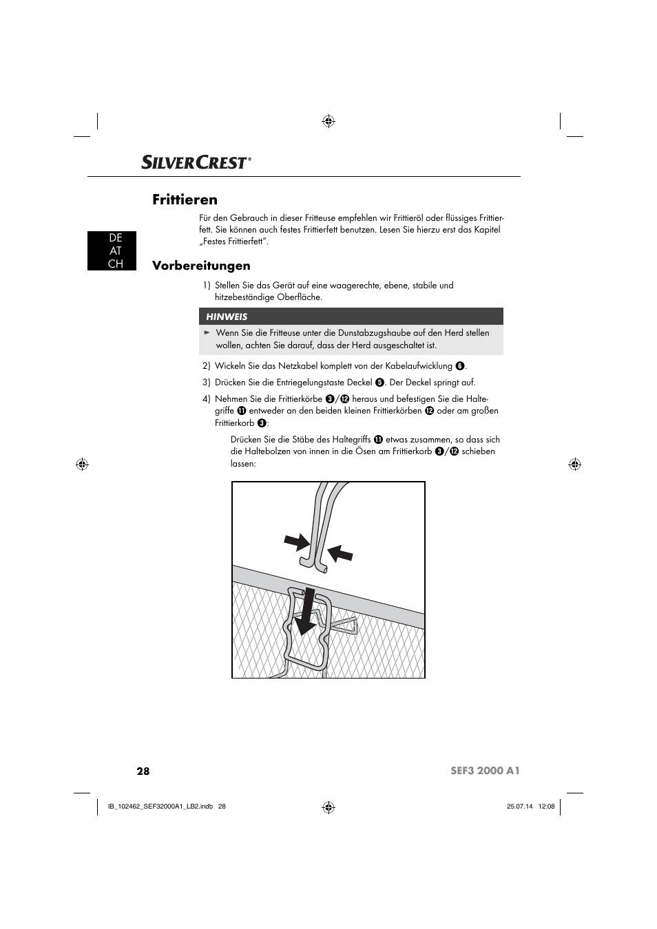 Frittieren, Vorbereitungen, De at ch | Silvercrest SEF3 2000 A1 User Manual | Page 31 / 63