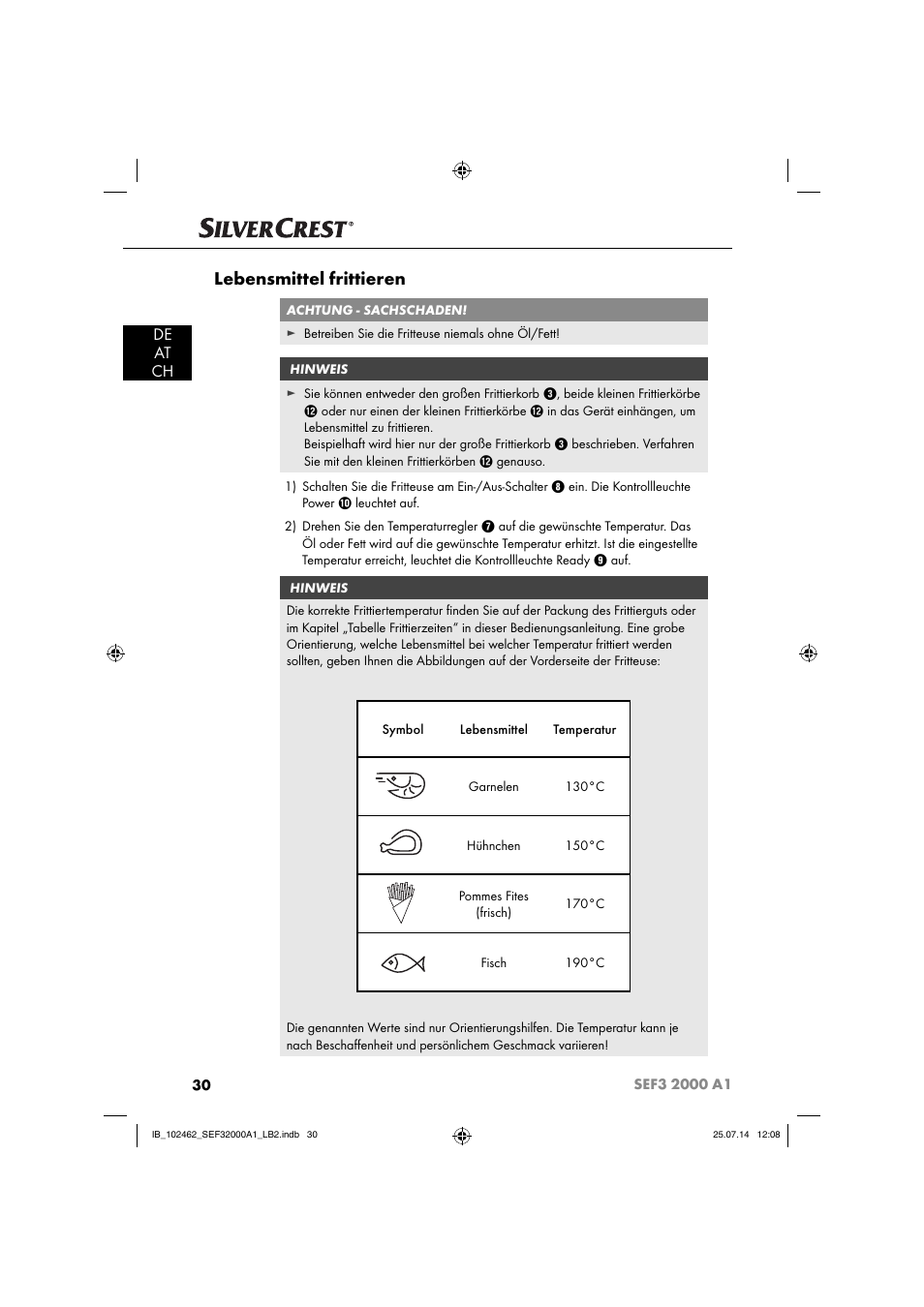 Lebensmittel frittieren, De at ch | Silvercrest SEF3 2000 A1 User Manual | Page 33 / 63