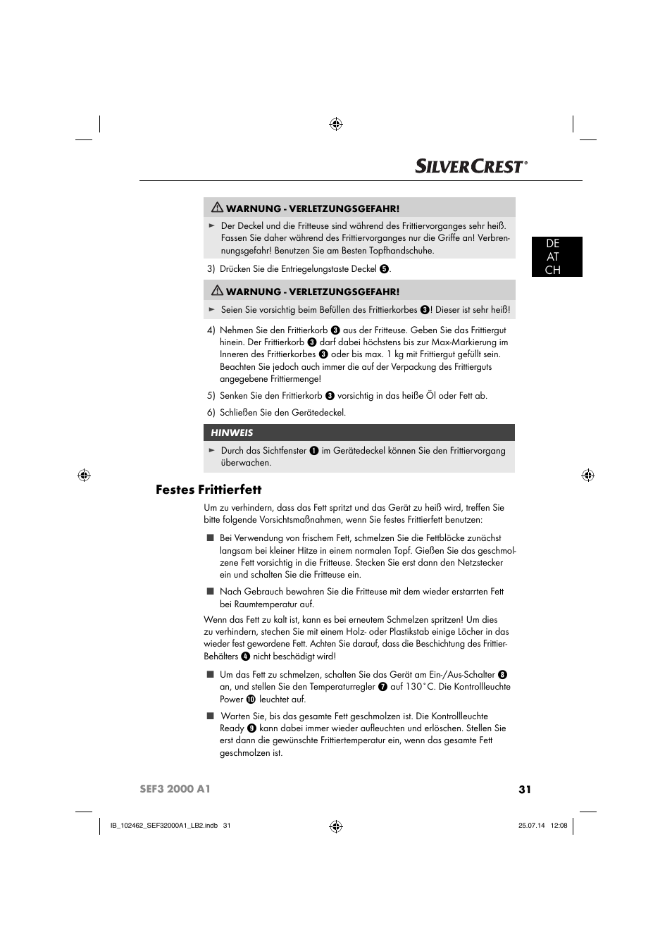 Festes frittierfett, De at ch | Silvercrest SEF3 2000 A1 User Manual | Page 34 / 63