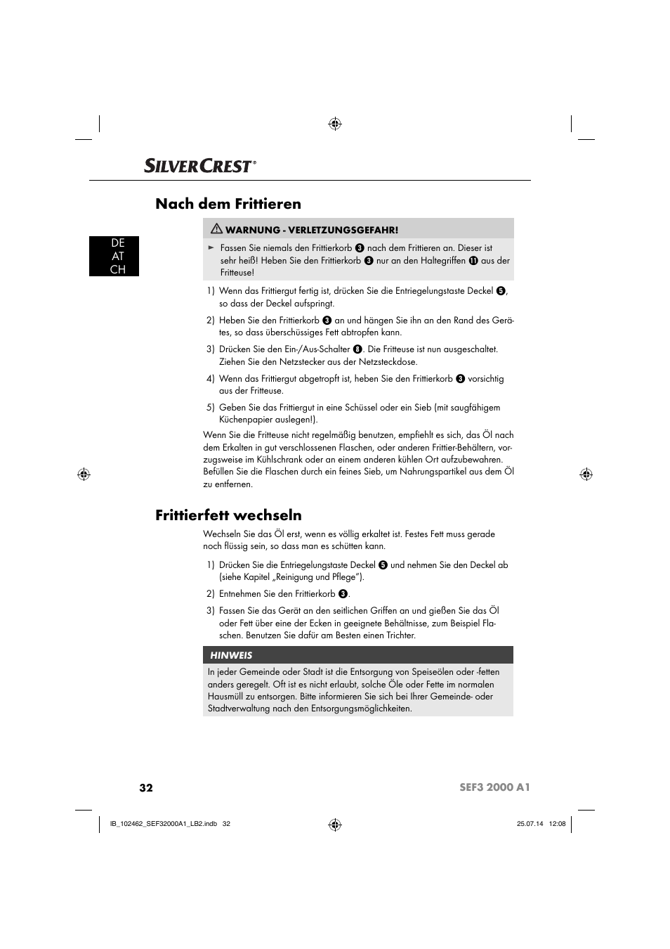 Nach dem frittieren, Frittierfett wechseln, De at ch | Silvercrest SEF3 2000 A1 User Manual | Page 35 / 63