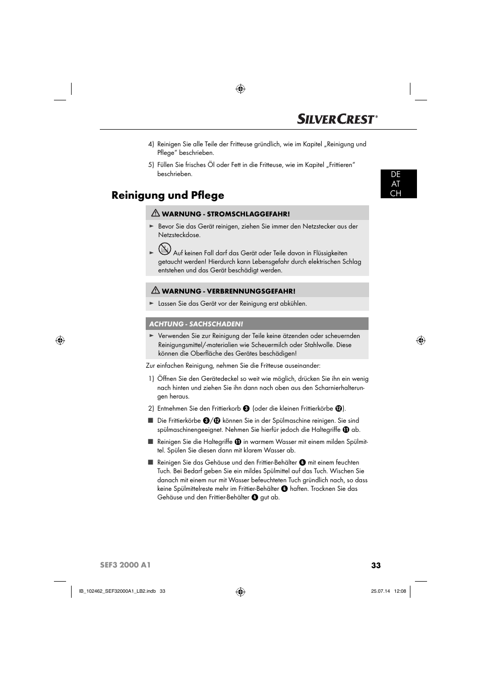 Reinigung und pﬂ ege, De at ch | Silvercrest SEF3 2000 A1 User Manual | Page 36 / 63