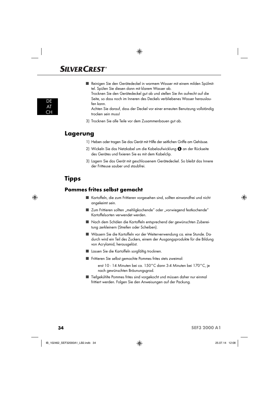 Lagerung, Tipps, Pommes frites selbst gemacht | De at ch | Silvercrest SEF3 2000 A1 User Manual | Page 37 / 63