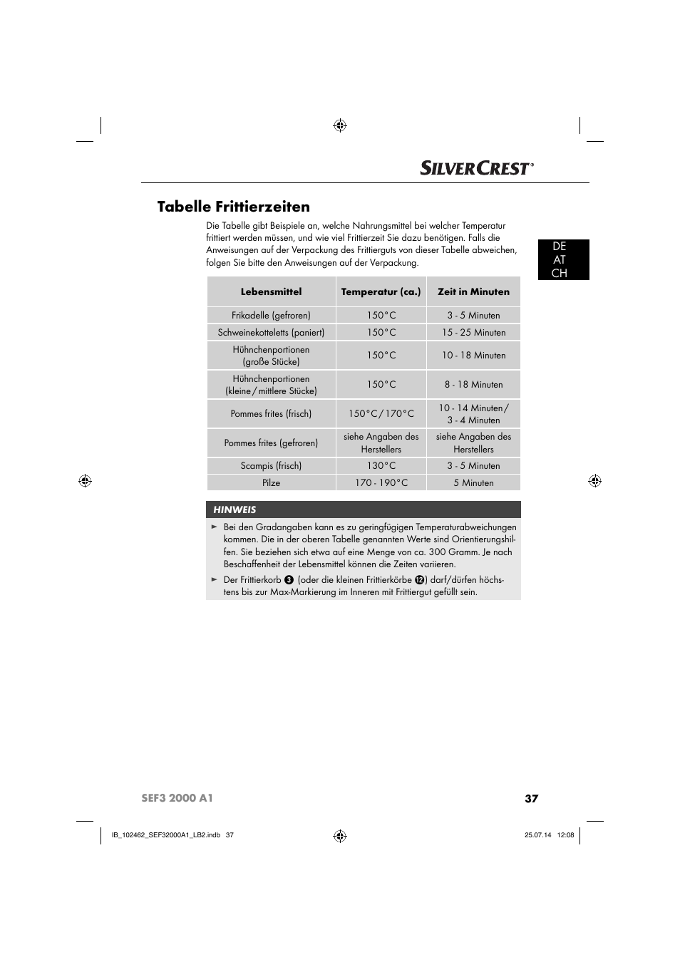 Tabelle frittierzeiten, De at ch | Silvercrest SEF3 2000 A1 User Manual | Page 40 / 63