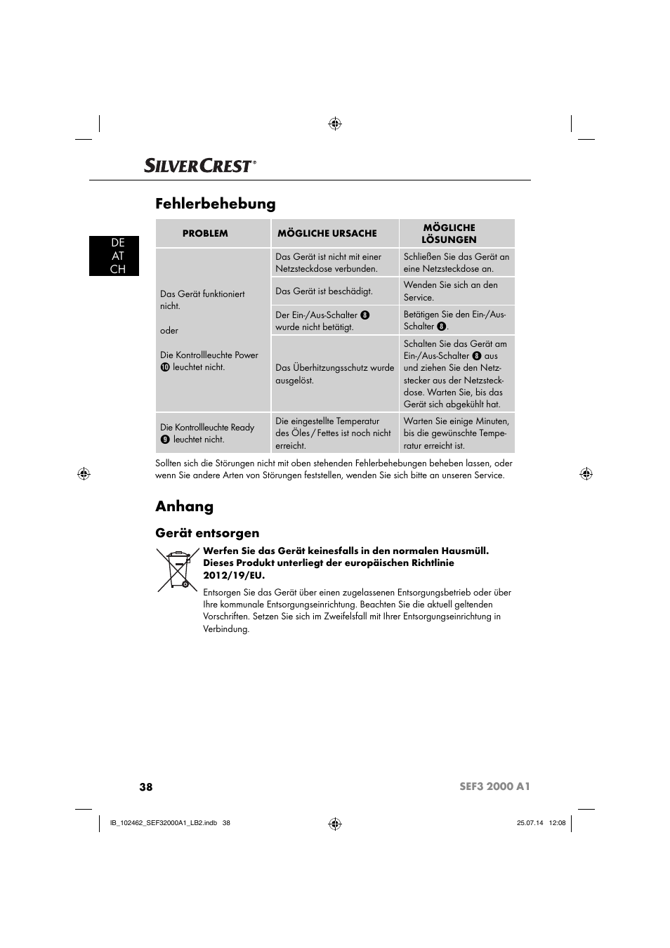 Fehlerbehebung, Anhang, Gerät entsorgen | De at ch | Silvercrest SEF3 2000 A1 User Manual | Page 41 / 63