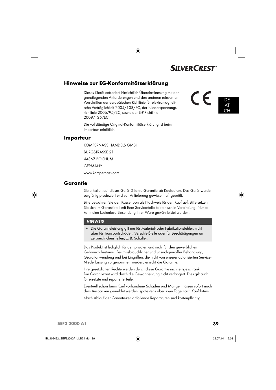 Hinweise zur eg-konformitätserklärung, Importeur, Garantie | De at ch | Silvercrest SEF3 2000 A1 User Manual | Page 42 / 63