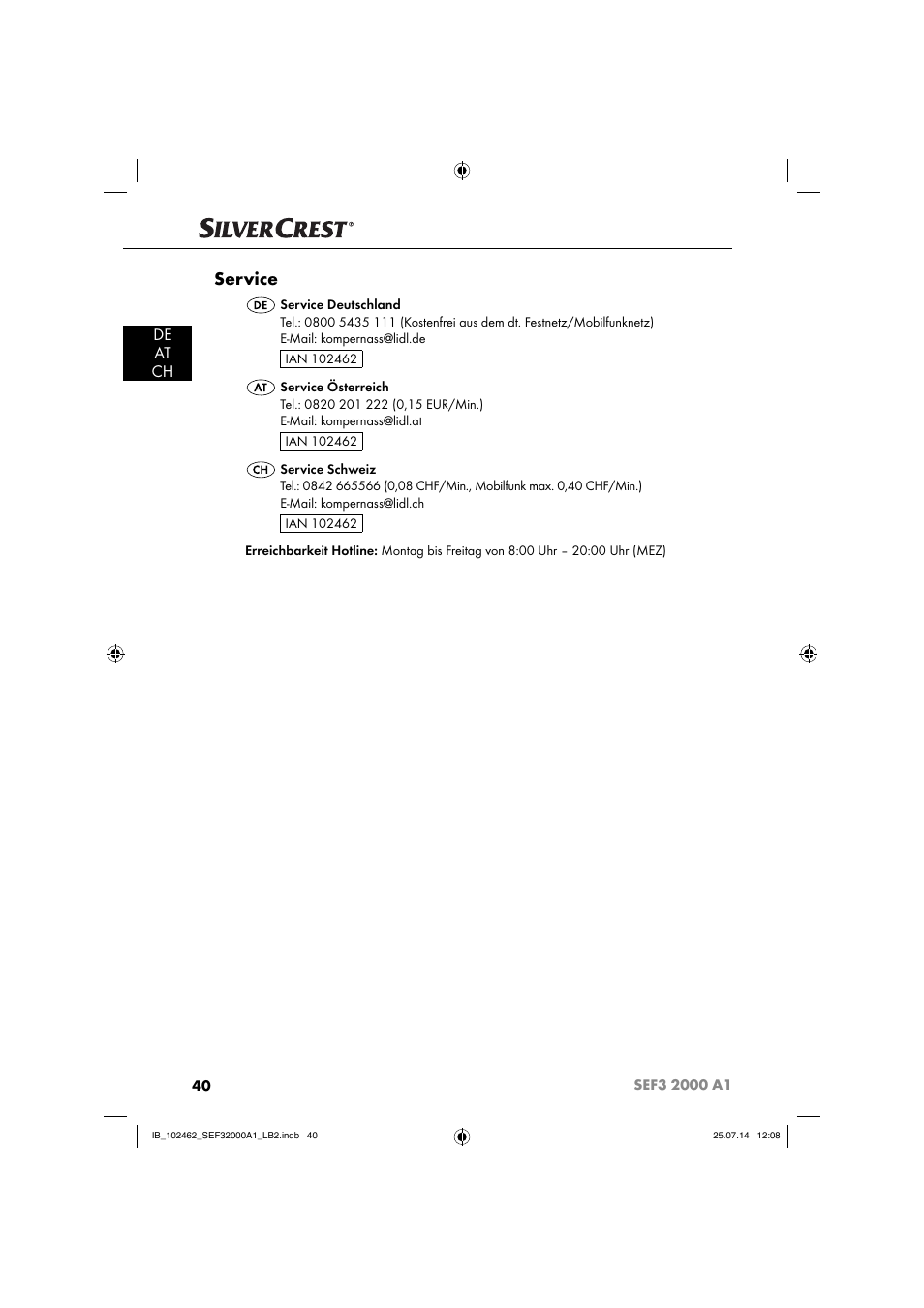Service, De at ch | Silvercrest SEF3 2000 A1 User Manual | Page 43 / 63