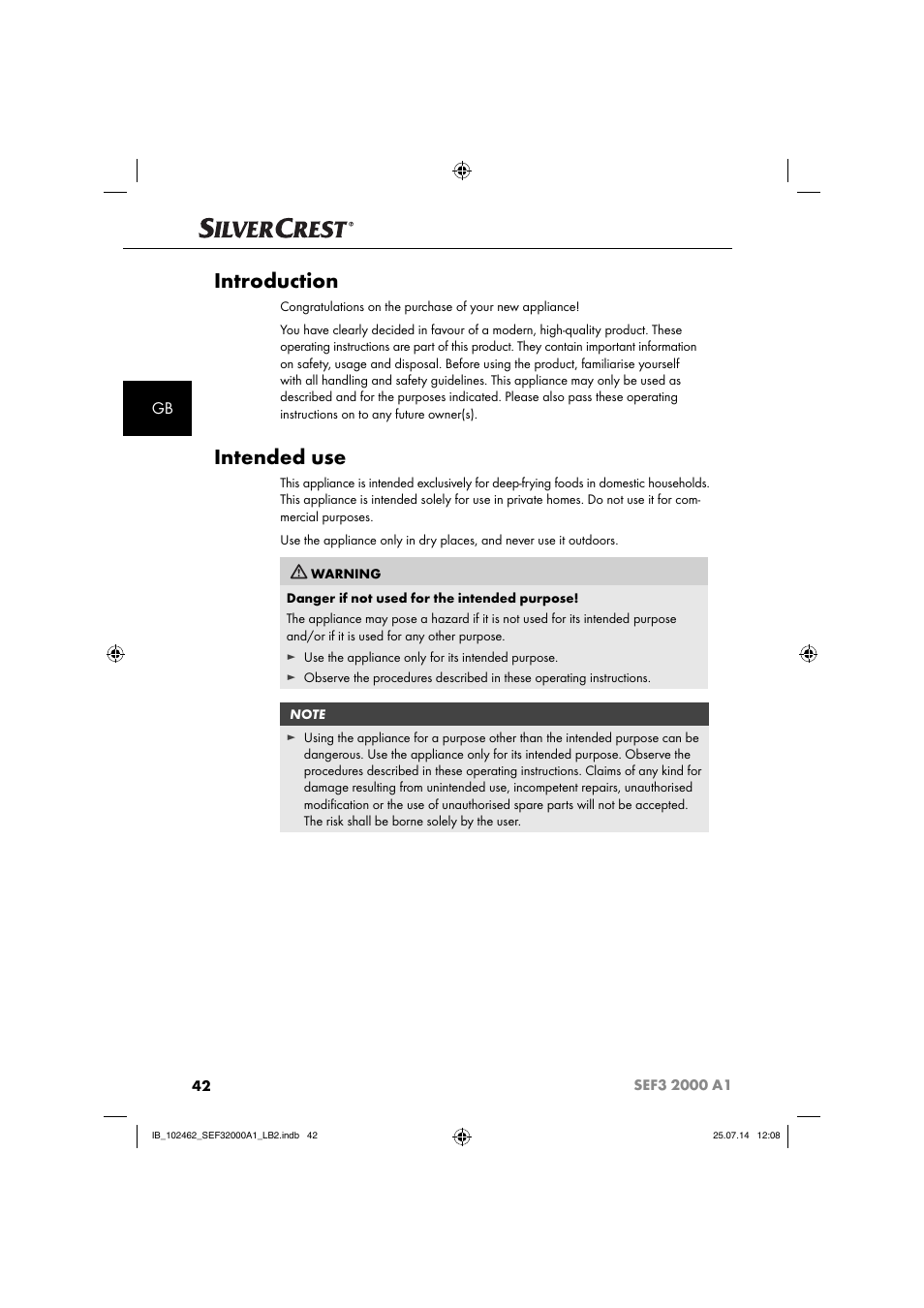 Introduction, Intended use | Silvercrest SEF3 2000 A1 User Manual | Page 45 / 63