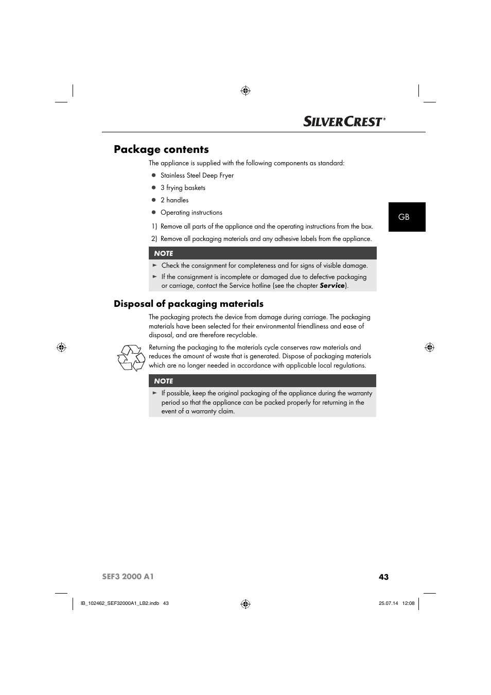 Package contents, Disposal of packaging materials | Silvercrest SEF3 2000 A1 User Manual | Page 46 / 63