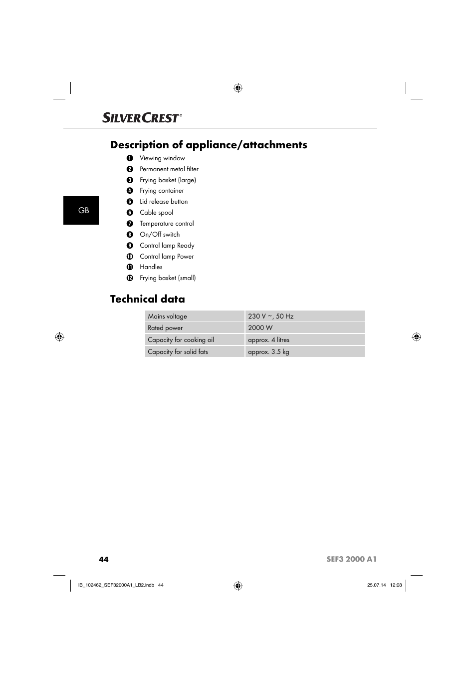 Description of appliance/attachments, Technical data | Silvercrest SEF3 2000 A1 User Manual | Page 47 / 63