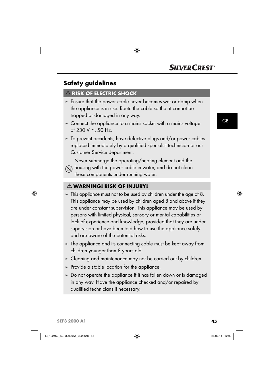 Safety guidelines, Risk of electric shock, Provide a stable location for the appliance | Silvercrest SEF3 2000 A1 User Manual | Page 48 / 63