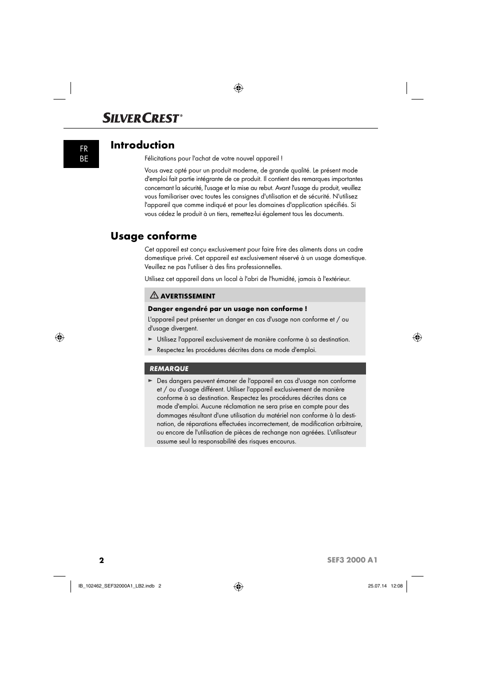 Introduction, Usage conforme, Fr be | Silvercrest SEF3 2000 A1 User Manual | Page 5 / 63