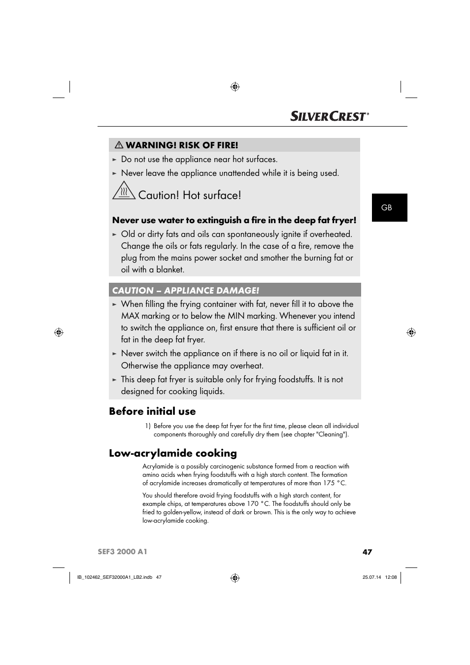 Caution! hot surface, Before initial use, Low-acrylamide cooking | Warning! risk of fire, Do not use the appliance near hot surfaces | Silvercrest SEF3 2000 A1 User Manual | Page 50 / 63