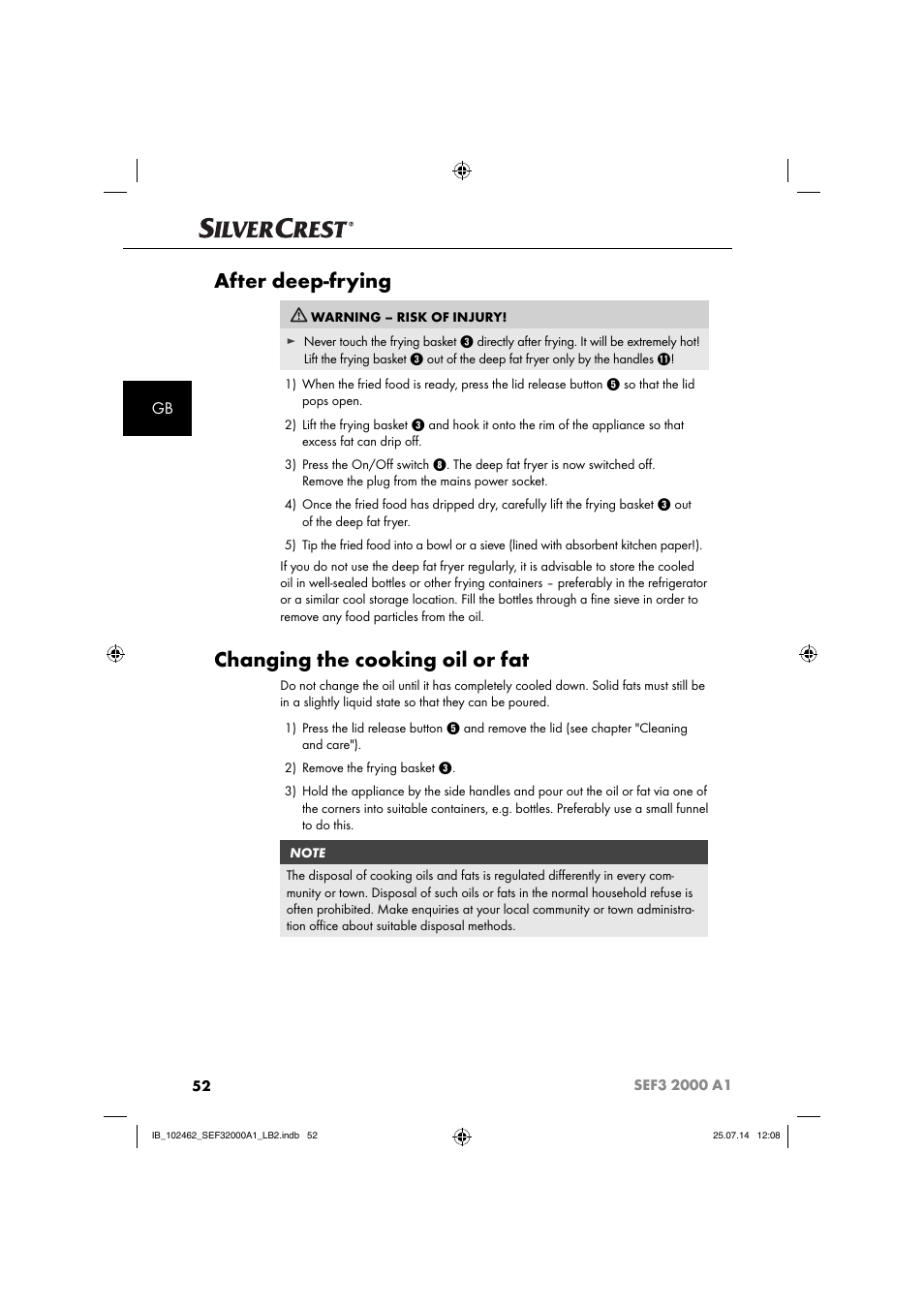 After deep-frying, Changing the cooking oil or fat | Silvercrest SEF3 2000 A1 User Manual | Page 55 / 63